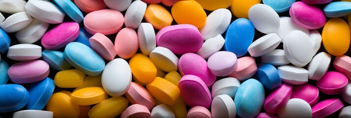 Diverse and colorful pharmacy pills stacked in a massive pile, medical background concept