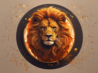 Logo with golden lion in round frame with luxuriant mane and glowing orange magic dust