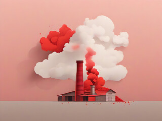 Minimalist illustration of a paper mill chimney with a cloud of solid red smoke that looks like a red splash