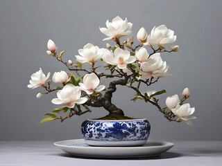 Representing exquisite bonsai magnolia tree with gentle blooming white flowers growing on ceramic plate