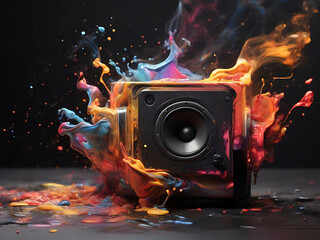 Stereo speaker among multicolored mixing spilling paints and smoke on black background