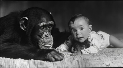 Gentle Encounter Between Chimpanzee and Baby in Monochrome