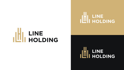Fototapeta premium Golden Initial Letter LH H L HL with Simple Tall Building Line Art Logo Design