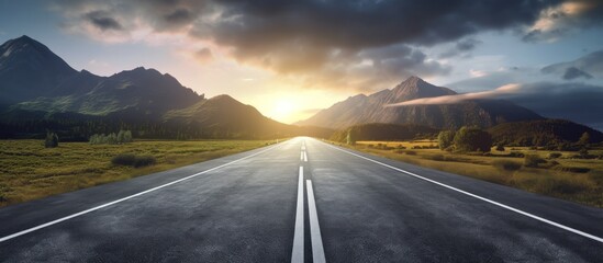 An asphalt country road and fields at sunset, pure golden light, - obrazy, fototapety, plakaty