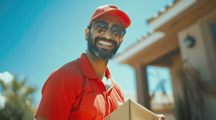 Sunny Day Courier Service, friendly delivery in red uniform, sunglasses, holding package, sunny day, palm trees, residential area, professional delivery service