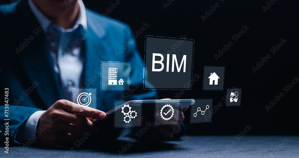 Poster bim or building information modeling technology concept. businessman using tablet with virtual bim i