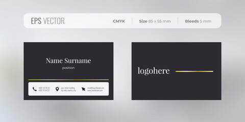 Premium business card template with icons for contact information and dark blue background