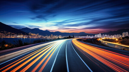 Fototapeta na wymiar Long Exposure Shot of Night Highway With Blurred Lights