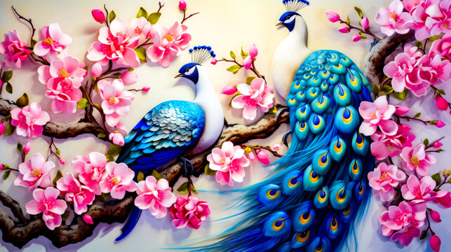 Painting of two peacocks sitting on branch with pink flowers on it. © Kostya