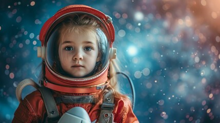 A kindergarten girl dressed as an astronaut holding a model rocket. Standing against a starry space background.