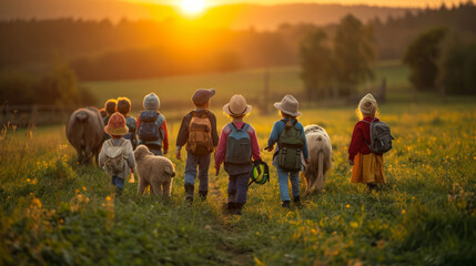 A group of kindergarten children dressed as farmers, in a green field with farm animals, golden...
