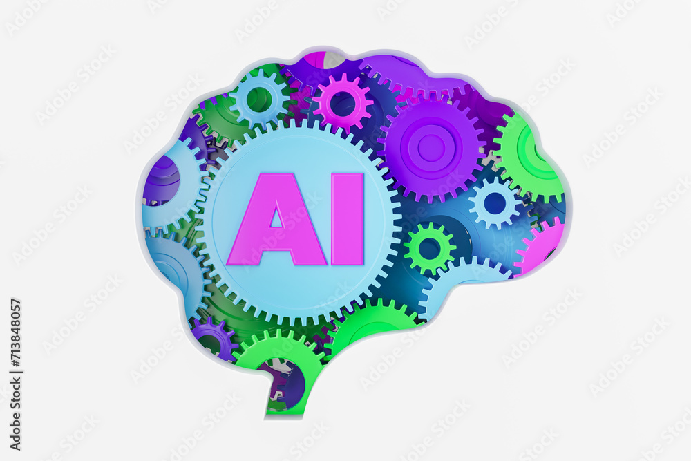 Poster ai brain with colorful gears on empty white background, machine learning