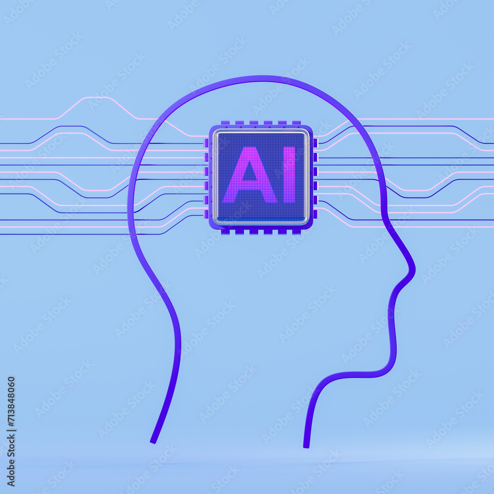 Poster ai head and cpu chip with connection lines, information processing