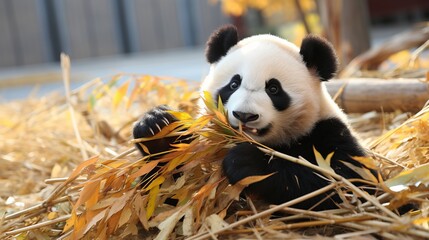 Adorable giant panda bear eating fresh bamboo leaves in natural habitat