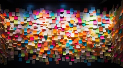 A thoughtfully composed image capturing a wall covered in vibrant post-it notes, styled as a diorama