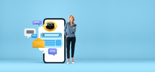 Woman with mock up phone display, chat bot speech bubbles and communication