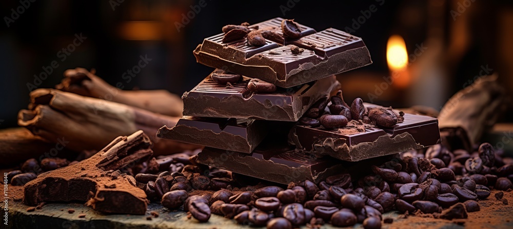 Poster dark chocolate pieces and cocoa beans on culinary background, creating a tempting composition.