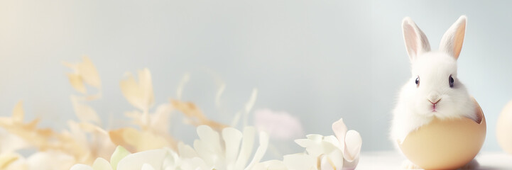 Obraz premium Cute easter rabbit nestled in an egg amidst apastel petals background. Festive Easter banner with copy space