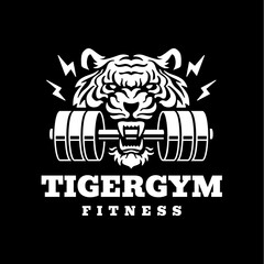 tiger gym fitness mouth dumbbell logo vector icon illustration