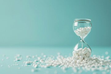 Pills in an hourglass. Sandglass or sand clock full of pills on pastel background. Prescribed...