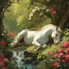 A sleeping unicorn in a peaceful, enchanted garden, a lush garden with exotic flowers and a gentle stream, peaceful, with a focus on the tranquility and beauty of nature