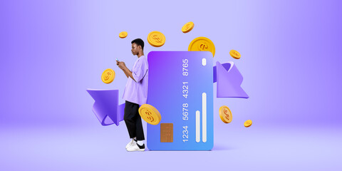 Black man and big mock up credit card, arrow and coins flying, online cashback