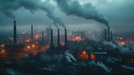 An industrial cityscape at twilight, factories with smokestacks, gritty streets, moody atmosphere.