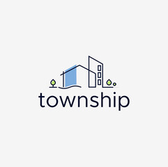 Township logo with home tree land grass hexagon swoosh green vector suitable for environmental