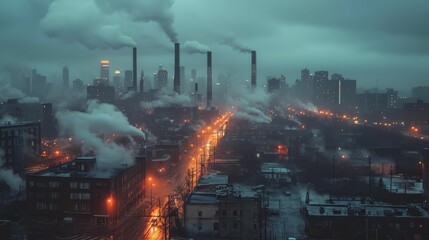 An industrial cityscape at twilight, factories with smokestacks, gritty streets, moody atmosphere.