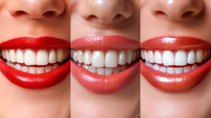 Cosmetic dentistry  perfect smiles collage of three distinct young women's teeth. Selective focus.