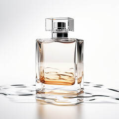 Transparent perfume bottle standing on neutral background with water reflection. Abstract minimalistic advertising
