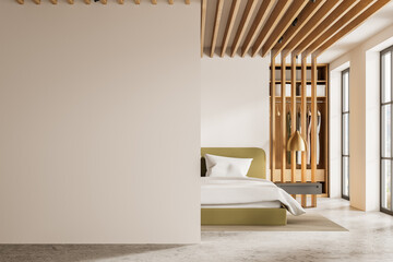 Elegant hotel bedroom interior with bed, closet and window. Mock up wall