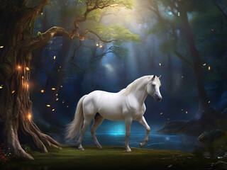 Obraz na płótnie Canvas A white horse with a long mane standing in a forest ai picture
