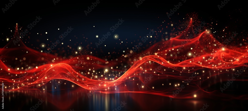 Poster red cyberspace background with dots and weave lines for big data, metaverse, network security