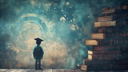 Kid with stack of book and wear graduation hat, Educational Success and Career Achievement Concept