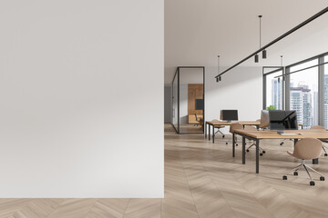 Office interior with coworking and glass meeting room, window. Mock up wall