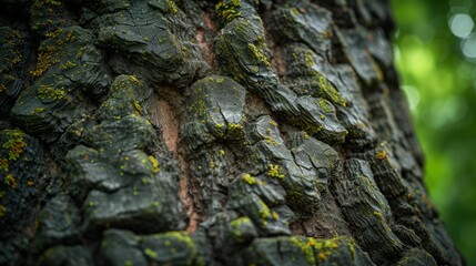 Rough bark of an ancient oak tree, capturing the grooves and moss growth, natural forest lighting.