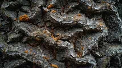 Rough bark of an ancient oak tree, capturing the grooves and moss growth, natural forest lighting.