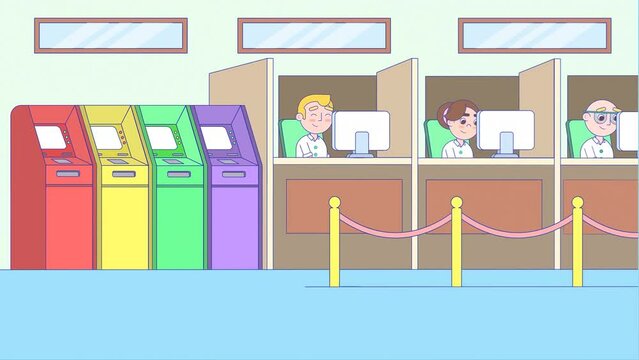 2D illustrated Animation scene of Bank With Series Of ATM Machines And Cubicle Booths With Employee Bankers Working On Computer.