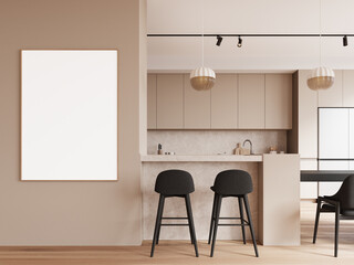 Stylish home kitchen interior with bar island and cooking area. Mockup frame