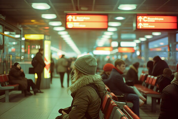 Busy underground metro station with passengers waiting for the next train.