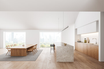 Elegant home kitchen interior with bar island and eating zone, panoramic window