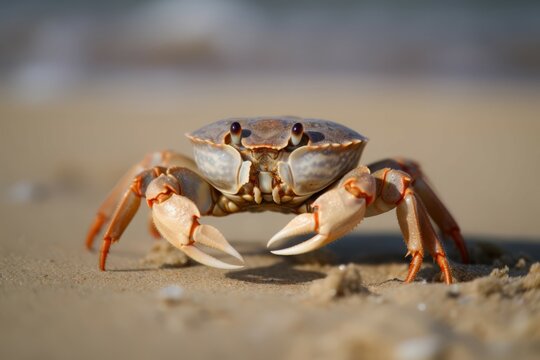 Crab on sand beach closeup. Sea marine animal on sandy shore. Generate ai