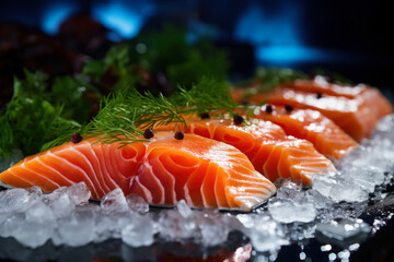 Tender fillet of seasoned salmon on ice. Fresh fish in the store.