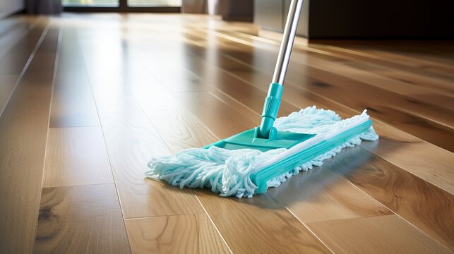 Parquet floor cleaning with mop and cleanser foam, housekeeping tools for hygienic home maintenance