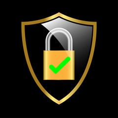 Golden Shield, padlock with lock and green check. Security for online protection against cybercrime and hackers. 