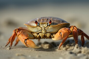 Crab on sand beach macro photo. Aquatic marine crustacean creature with claws. Generate ai