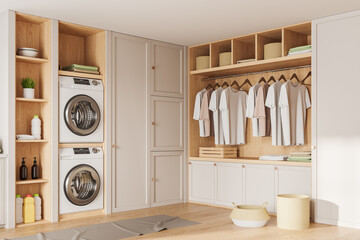 Washing machines in laundry room interior with wardrobe and accessories - obrazy, fototapety, plakaty