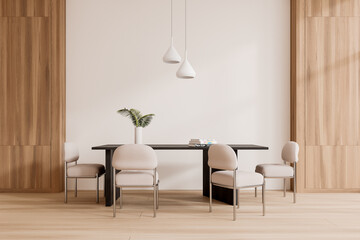 Cozy home living room interior with eating table and chairs, decoration