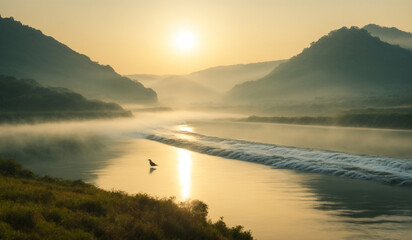 A Beautiful natural watercolor painting of a River, mountain trees, and birds with sunshine